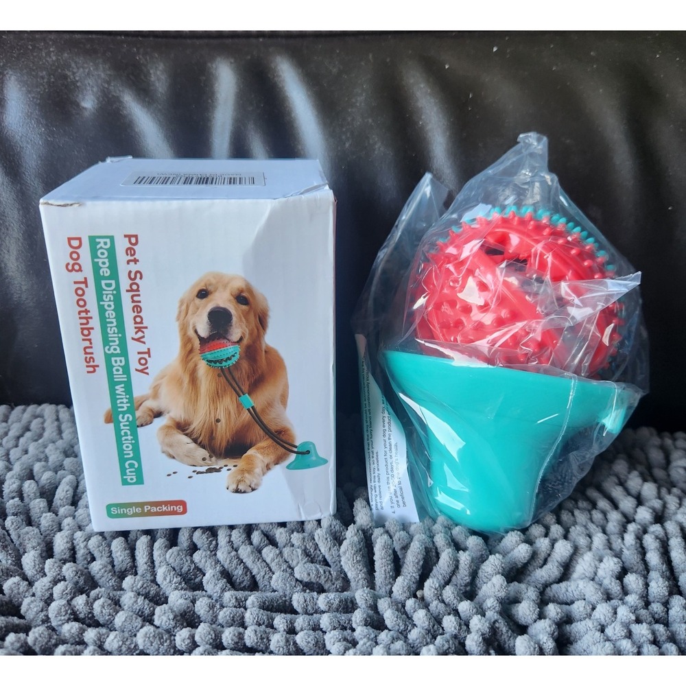 Dog Toothbrush Rope Dispensing Ball With Suctuon Cup Squeaky Toy (Brand-NEW)